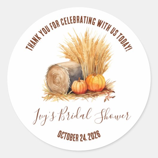 秋の干し草とパンプキンのブライダルシャワーのお土産 ラウンドシール (正面)