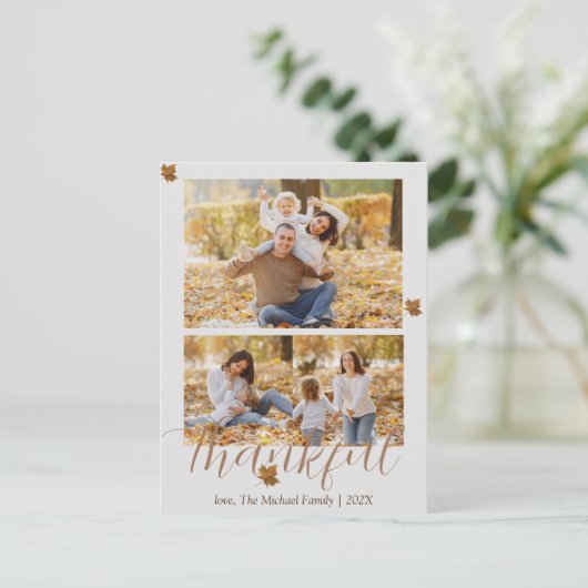 秋の幸せな感謝 |家族の写真コラージュ シーズンポストカード (スタンド正面)