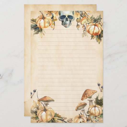 秋の庭にスカルとカボチャが並ぶ 便箋 (正面/裏面)