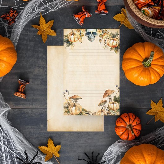 秋の庭にスカルとカボチャが並ぶ 便箋