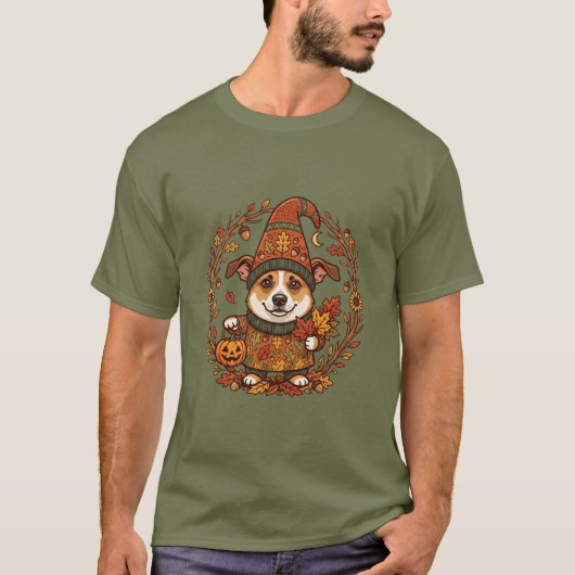 秋の庭のノームとしての犬 Tシャツ (正面)