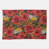秋の庭のロビンズブラックの赤いダリア キッチンタオル (横)