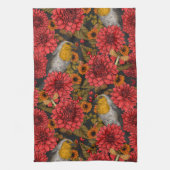 秋の庭のロビンズブラックの赤いダリア キッチンタオル (縦)