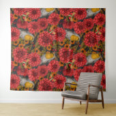 秋の庭のロビンズブラックの赤いダリア タペストリー (インサイチュ(横))