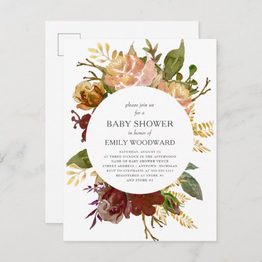 秋の庭の素朴フローラサークル赤ちゃんシャワー インビテーションポストカード (正面/裏面)