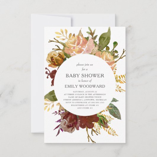 秋の庭の素朴フローラサークル赤ちゃんシャワー 招待状 (正面)