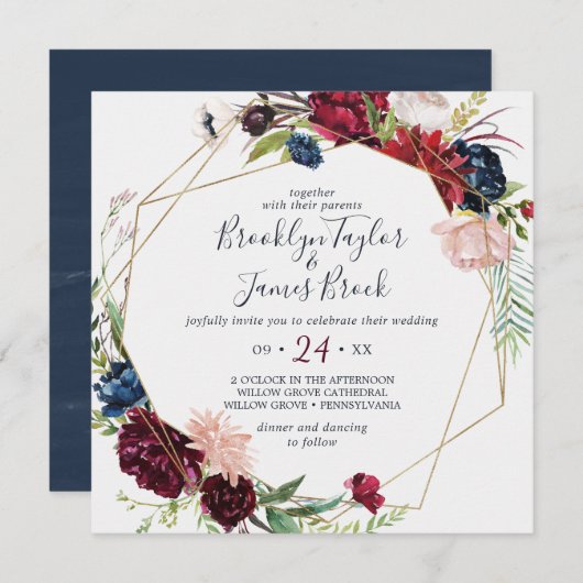 秋の庭 | Burgundy Geometric 結婚 Square 招待状 (正面/裏面)