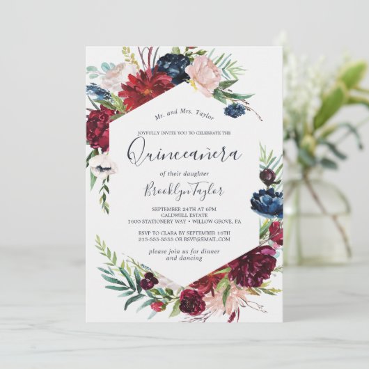 秋の庭 | Burgundy Quinceaenera 招待状 (スタンド正面)