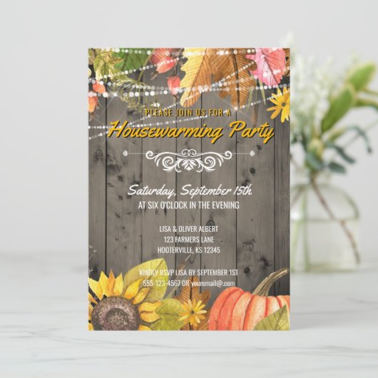 秋の引っ越し祝いパーティー素朴パーティーバーンウッドライト 招待状 (スタンド正面)