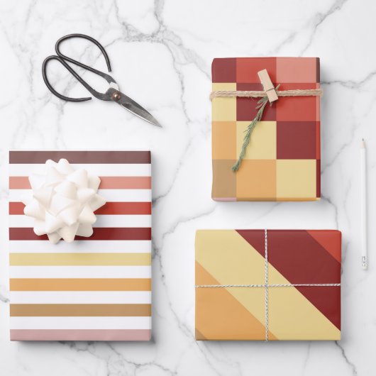 秋の彩りストライプとキューブ ラッピングペーパーシート (正面)