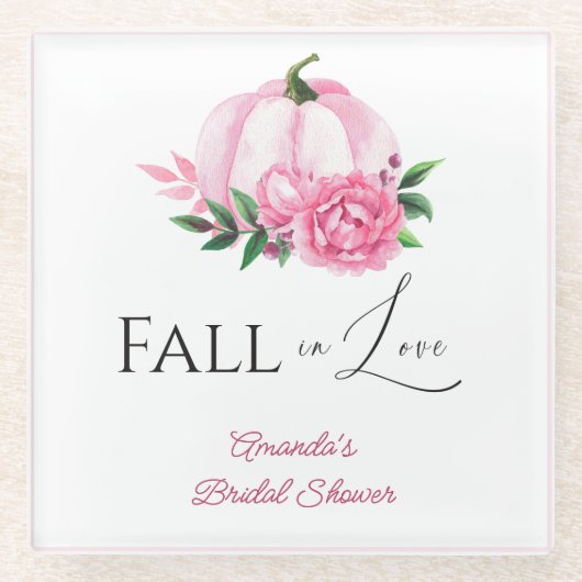 秋の恋のピンクのカボチャ ラスティック ブライダルシャワー ガラスコースター (正面)