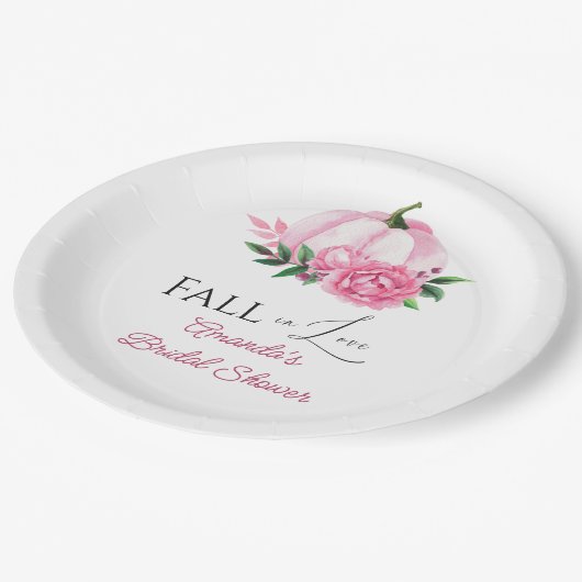 秋の恋のピンクのカボチャ　ラスティック ブライダルシャワー ペーパープレート (アングル)