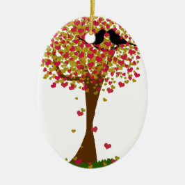 秋の恋の鳥の木にハート セラミックオーナメント