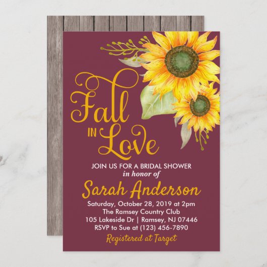 秋の恋愛 ブライダルシャワー招待状 - ヒマワリ 招待状 (正面/裏面)
