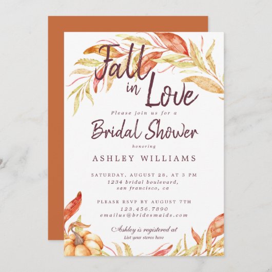 秋の恋 こがね色の葉 焼きオレンジ色のウェディングシャワー 招待状 (正面/裏面)