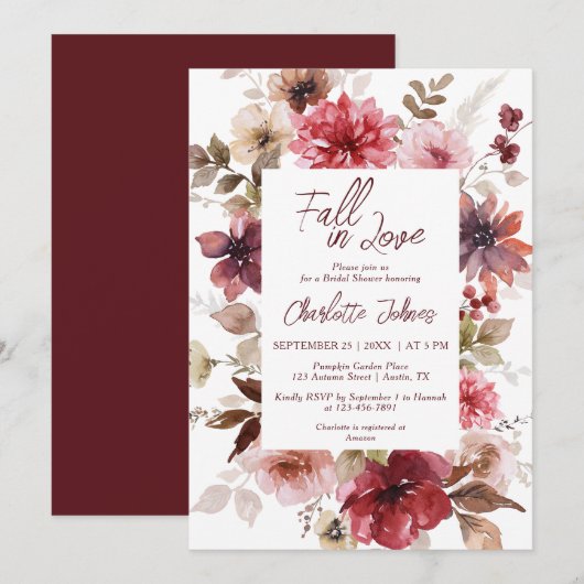 秋の恋 マルーンブラッシュ 秋のボヘミアンスタイル ブライダルシャワー 招待状 (正面/裏面)