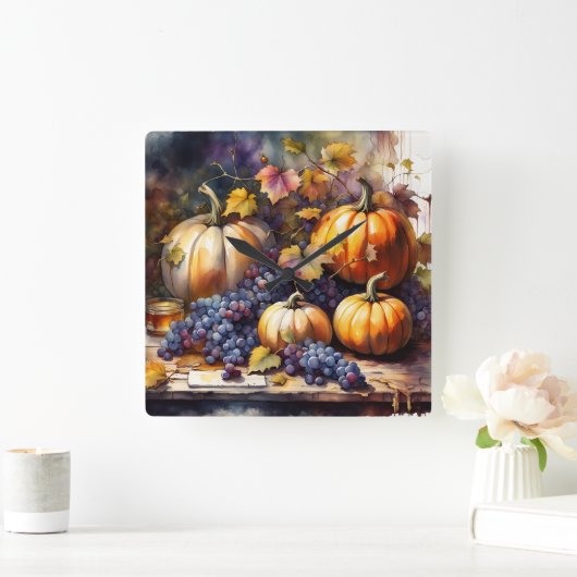 秋の恵み、かぼちゃ、ぶどうはちみつ スクエア壁時計 (ホーム)