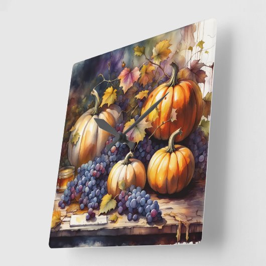 秋の恵み、かぼちゃ、ぶどうはちみつ スクエア壁時計 (傾斜)