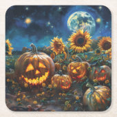 秋の情景 – ジャック – o – ランタンとヒマワリ スクエアペーパーコースター (正面)