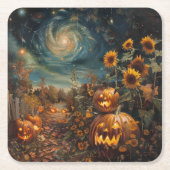 秋の情景 – ジャック – o – ランタンとヒマワリ スクエアペーパーコースター (正面)