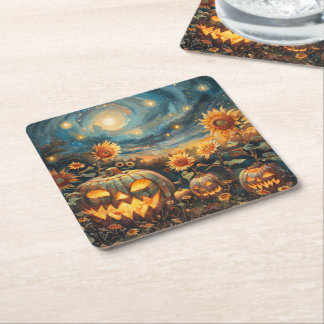 秋の情景 – ジャック – o – ランタンとヒマワリ スクエアペーパーコースター