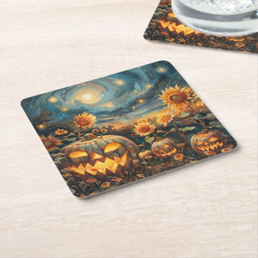 秋の情景 – ジャック – o – ランタンとヒマワリ スクエアペーパーコースター (アングル)