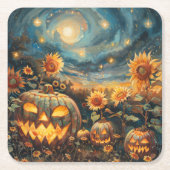 秋の情景 – ジャック – o – ランタンとヒマワリ スクエアペーパーコースター (正面)