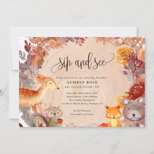 秋の愛のウッドランドの動物素朴、sipと見る 招待状 (正面)