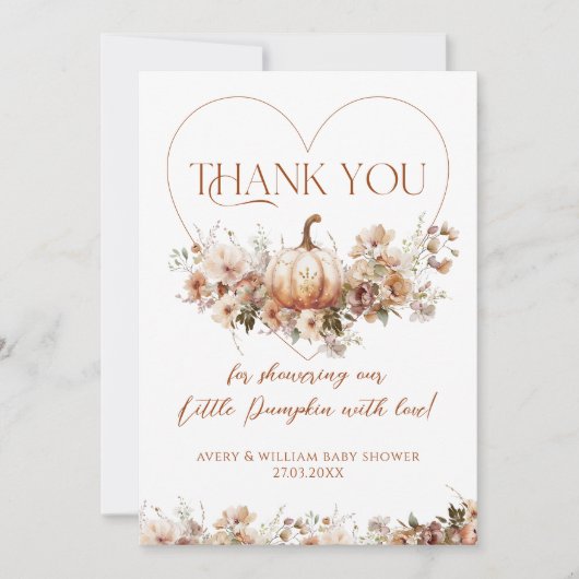秋の愛のカボチャの野生の花のハート赤ちゃんシャワー サンキューカード (正面)