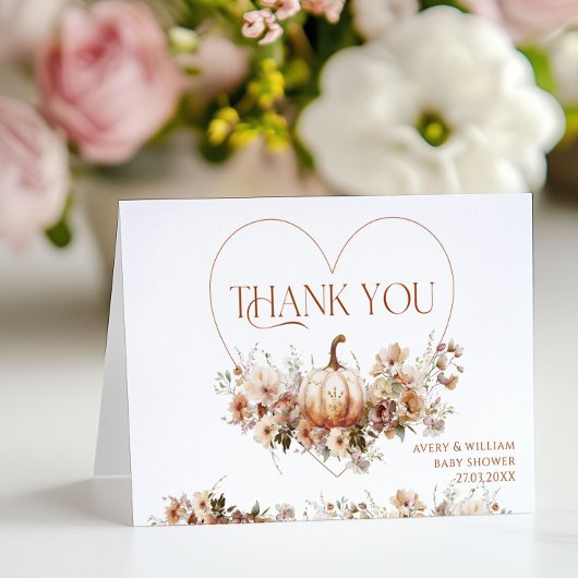 秋の愛のカボチャの野生の花のハート赤ちゃんシャワー サンキューカード