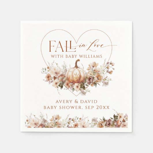 秋の愛のカボチャの野生の花のハート赤ちゃんシャワー スタンダードカクテルナプキン (正面)