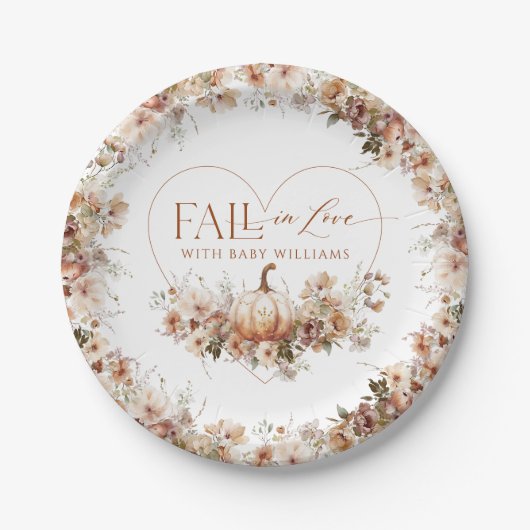 秋の愛のカボチャの野生の花のハート赤ちゃんシャワー ペーパープレート (正面)