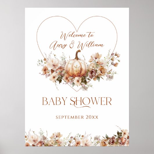 秋の愛のカボチャの野生の花のハート赤ちゃんシャワー ポスター (正面)