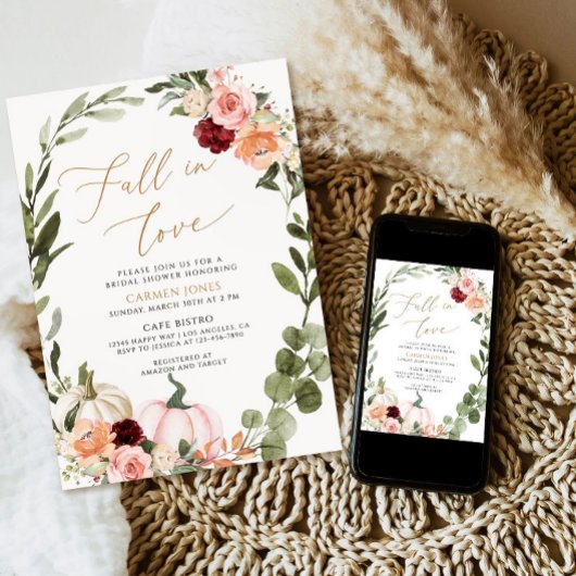 秋の愛のブライダルシャワー招待，フローラ 招待状