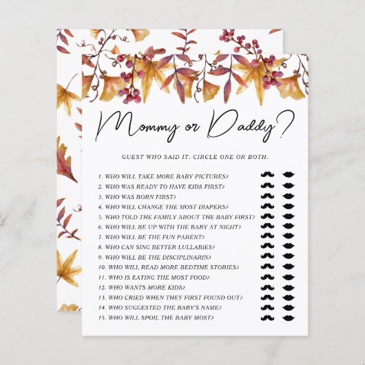 秋の愛のママまたはパパの赤ちゃんシャワーゲーム (正面/裏面)