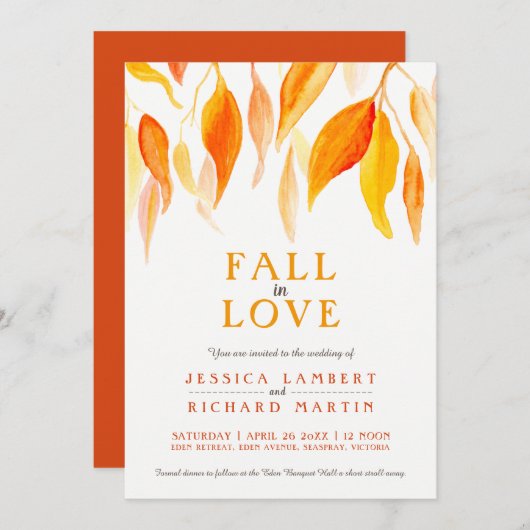 秋の愛の水の色オレンジ葉の結婚 招待状 (正面/裏面)