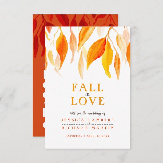 秋の愛の水の色オレンジ赤秋の結婚式 出欠カード (正面/裏面)