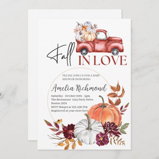秋の愛の赤いカボチャのピックアップトラック赤ちゃんシャワー 招待状 (正面/裏面)
