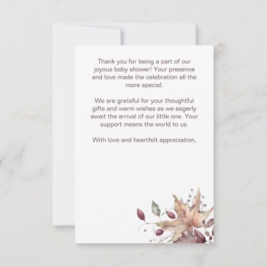 秋の愛の赤ちゃんシャワーの葉カボチャあなた感謝していを発見 サンキューカード (裏面)