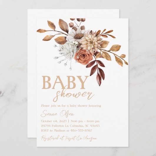 秋の愛の赤ちゃんシャワー、秋の赤ちゃんシャワー 招待状 (正面/裏面)