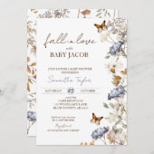 秋の愛の赤ちゃんシャワー、紅葉、青 招待状 (正面/裏面)