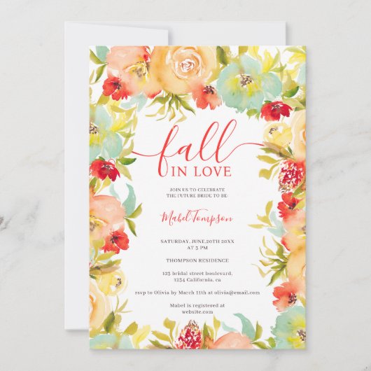 秋の愛の赤フローラ水の色ブライダルシャワー 招待状 (正面)