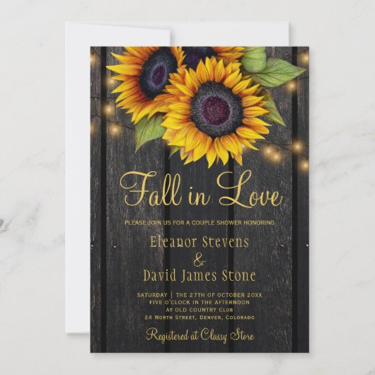 秋の愛ひまわり素朴の木のカップルのシャワー 招待状 (正面)