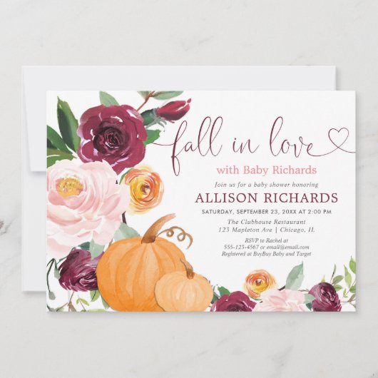 秋の愛フローラ素朴なバーガンディ赤ちゃんシャワー 招待状 (正面)