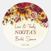 秋の愛ブルゴーニュバラひまわり感謝していあなた ラウンドシール (正面)