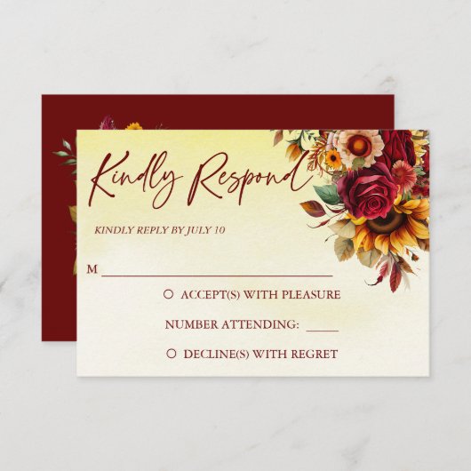 秋の愛ブルゴーニュバラひまわり結婚花 出欠カード (正面/裏面)