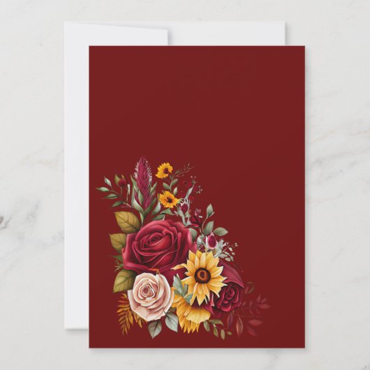 秋の愛ブルゴーニュバラひまわり結婚花 招待状 (裏面)