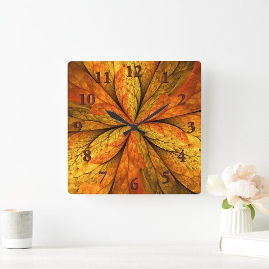 秋の感じ、モダンの抽象的なフラクタルの花 スクエア壁時計 (ホーム)