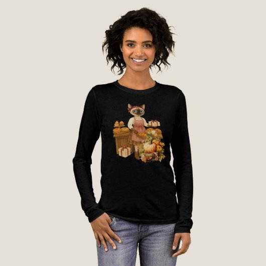 秋の感謝祭と猫のテーマ トライブレンドTシャツ (正面全体)