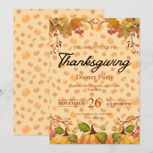 秋の感謝祭ディナーのお誘い 招待状 (正面/裏面)